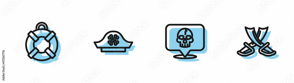 Set line Skull, Lifebuoy, Pirate hat and Crossed pirate swords icon. Vector Set line Skull, Lifebuoy, Pirate hat and Crossed pirate swords icon. Vector