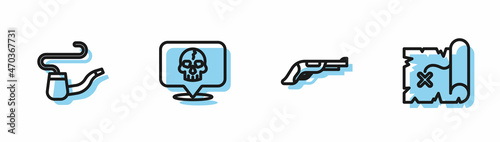 Set line Vintage pistol, Smoking pipe, Skull and Pirate treasure map icon. Vector