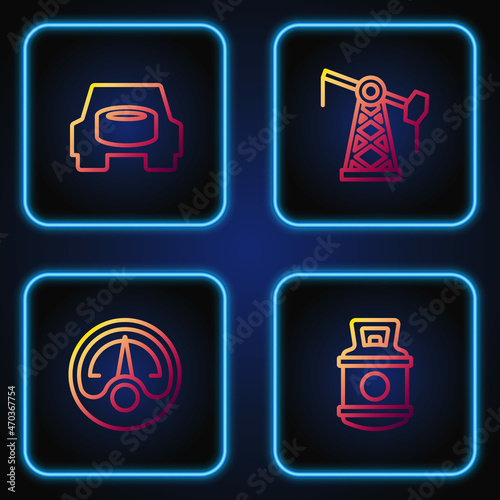 Set line Propane gas tank, Motor gauge, Spare wheel in the car and Oil pump pump jack. Gradient color icons. Vector