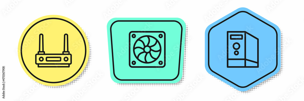 Set line Router and wi-fi signal, Computer cooler and Case of computer. Colored shapes. Vector Set line Router and wi-fi signal, Computer cooler and Case of computer. Colored shapes. Vector