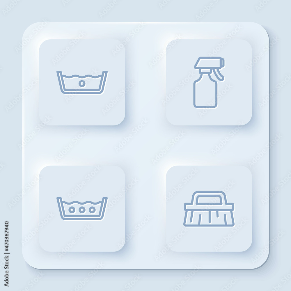 Set line Temperature wash, Water spray bottle, and Brush for cleaning. White square button. Vector
