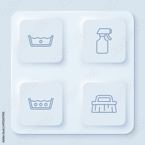 Set line Temperature wash, Water spray bottle, and Brush for cleaning. White square button. Vector