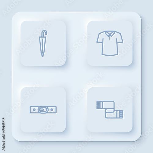 Set line Umbrella, Shirt, Belt and Winter scarf. White square button. Vector