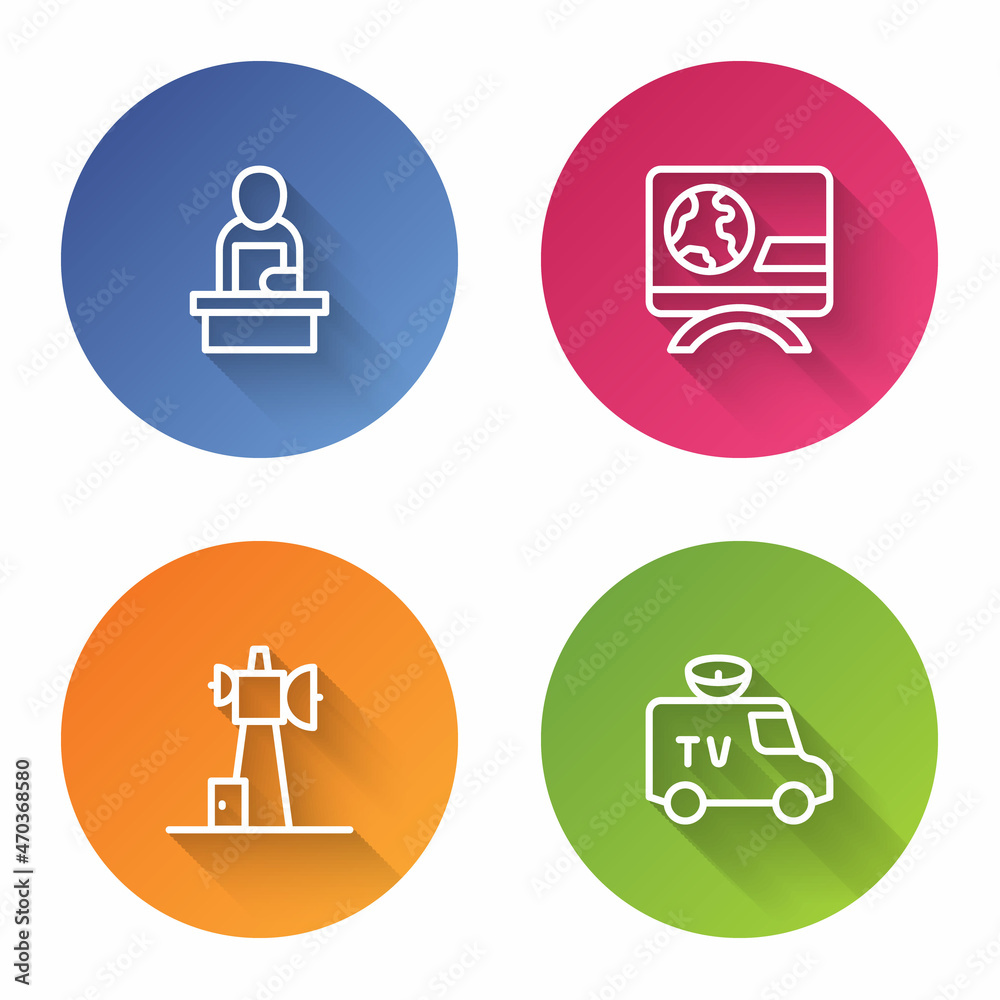 Set line Breaking news, Antenna and TV News car. Color circle button. Vector Set line Breaking news, Antenna and TV News car. Color circle button. Vector