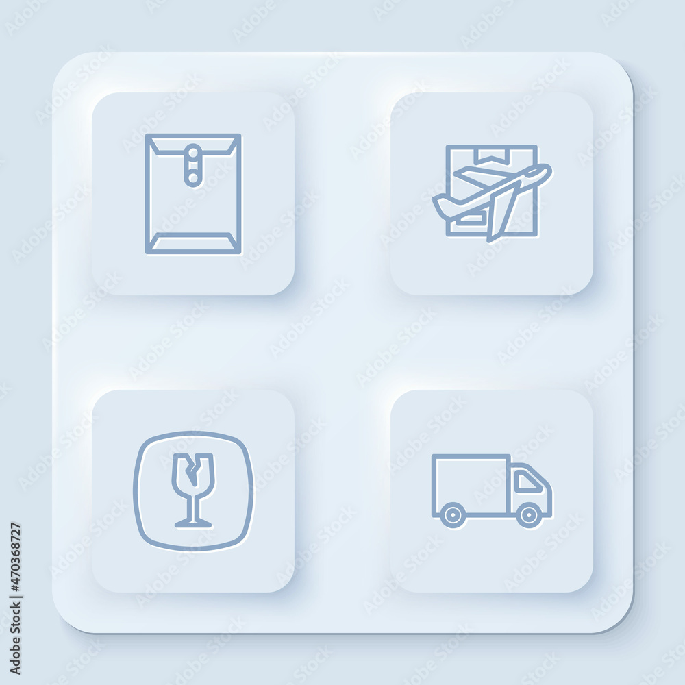 Set line Envelope, Plane and cardboard box, Fragile broken glass and Delivery cargo truck. White square button. Vector