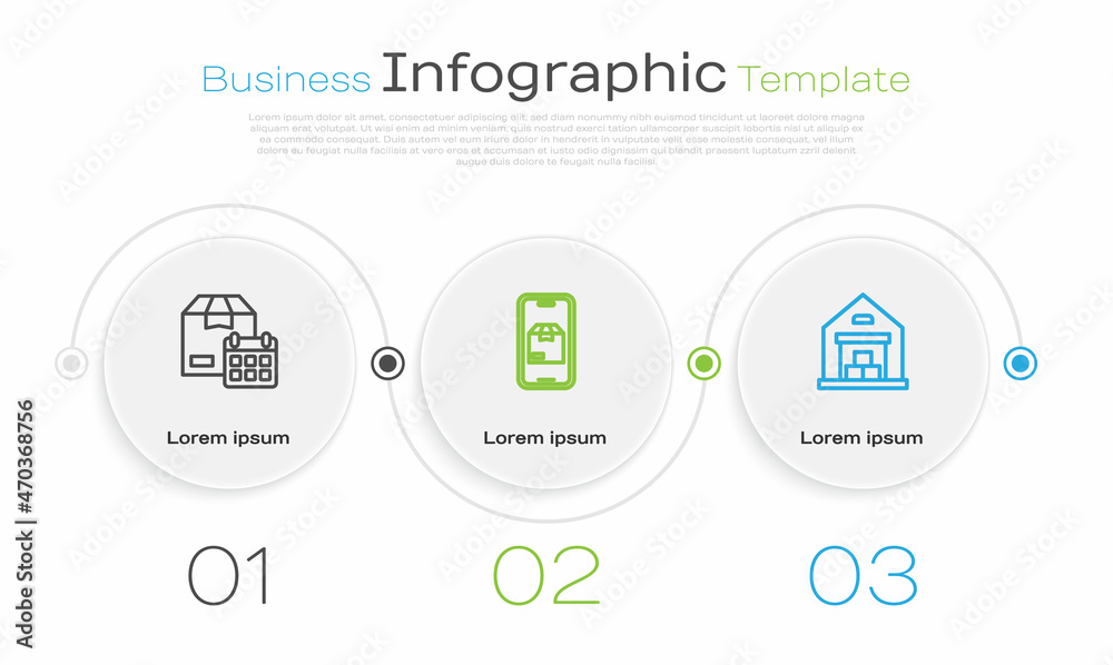 Naklejka premium Set line Cardboard box with calendar, Mobile app delivery tracking and Warehouse. Business infographic template. Vector