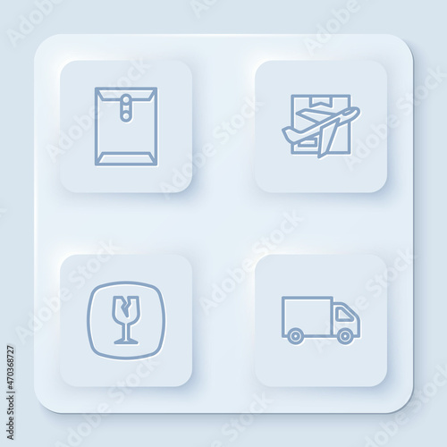 Set line Envelope, Plane and cardboard box, Fragile broken glass and Delivery cargo truck. White square button. Vector