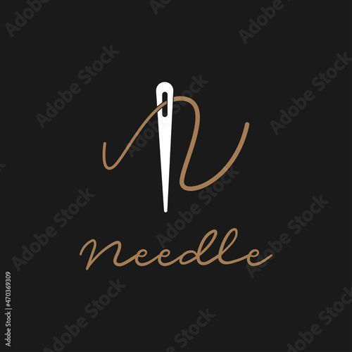 Abstract Initial Letter N Tailor logo, thread and needle combination with gold colour line style , Flat Logo Design Template, vector illustration