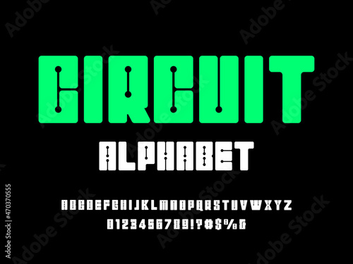 Vector of circuit board line dots alphabet design with uppercase, numbers and symbols