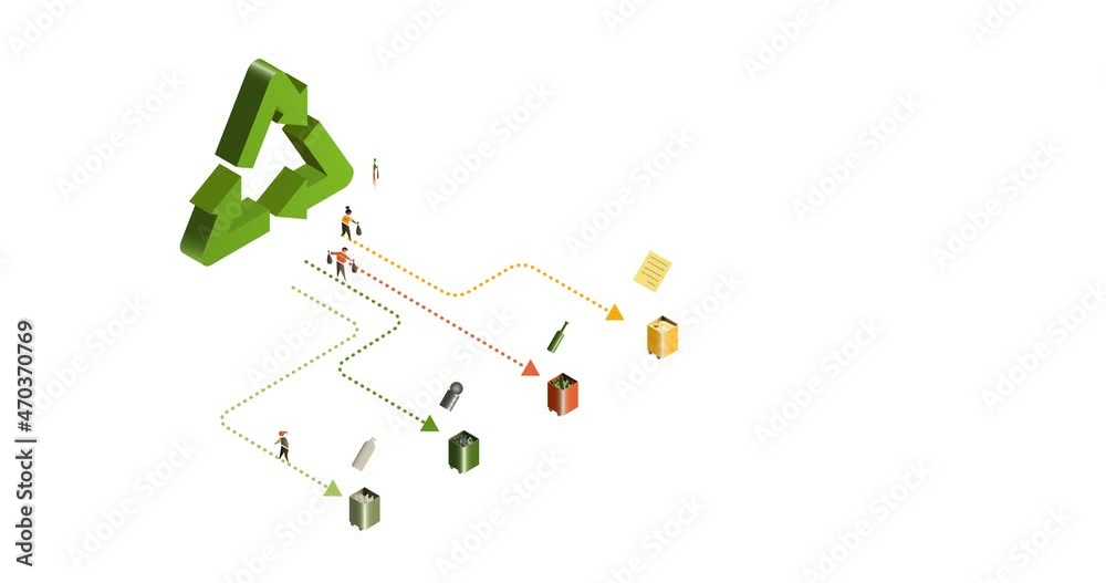Sorting trash for recycling. Recyclable waste is separated by people into different containers. Care for ecology. Waste segregation. Isometric vector animation.