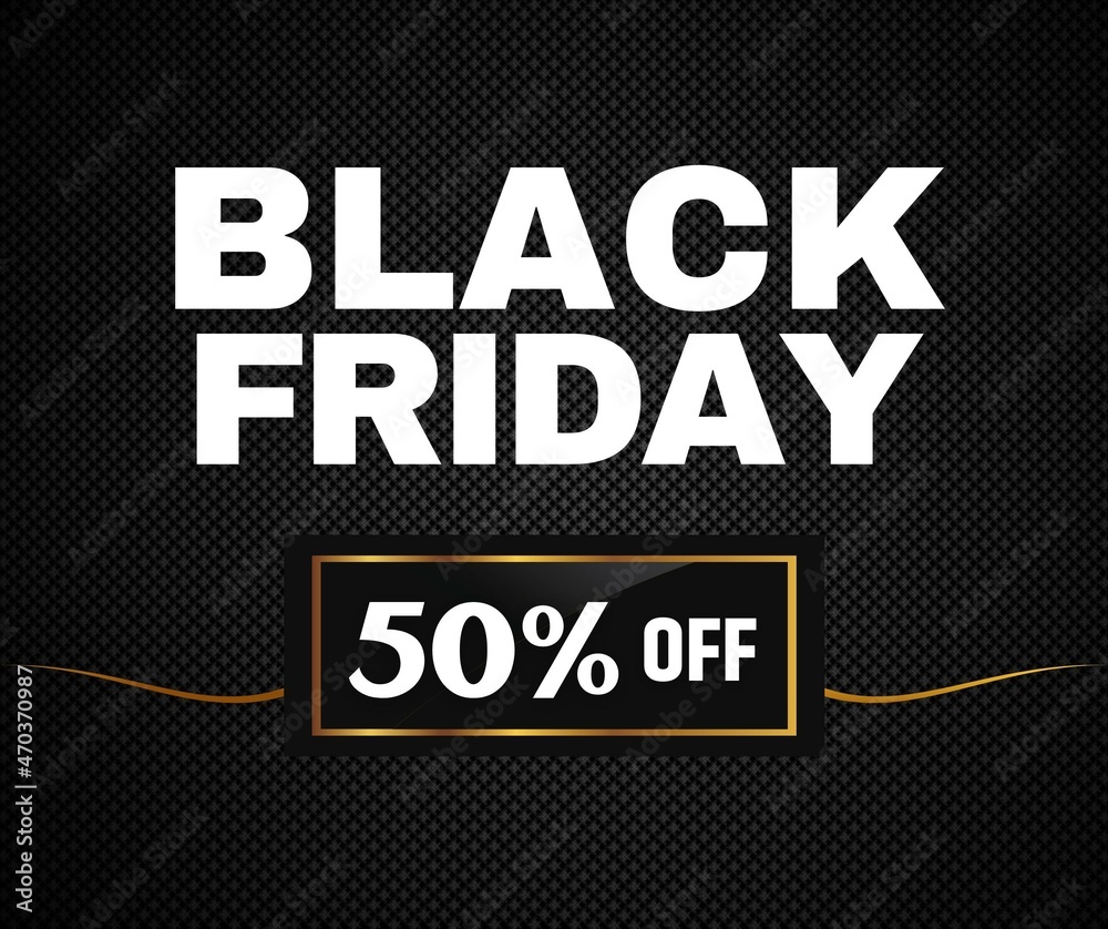 Black Friday 50% off background, Black Friday promotional banner, gift box and discount text, post social media template premium