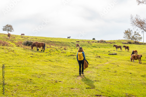 A young woman on a trail full of horses on Mount Erlaitz in the town of Irun, Gipuzkoa. Basque Country