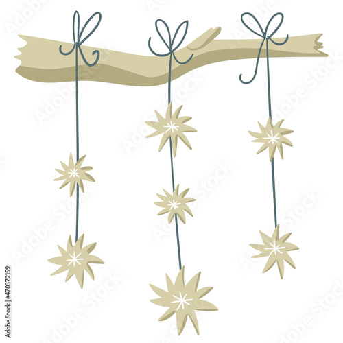 Cute home scandinavian style decor illustration with bare stick and hanging multi-pointed stars