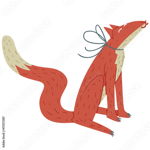 Minimalistic illustration of smiling red fox with blue bow and claws