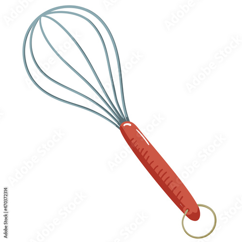 Minimalistic illustration of whisk with red handle and blue wire