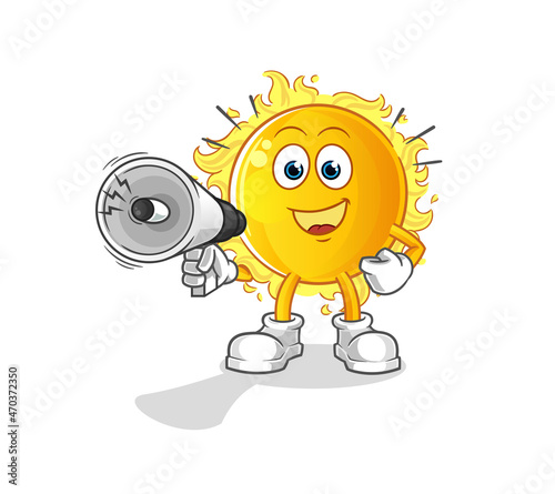 sun holding hand loudspeakers vector. cartoon character