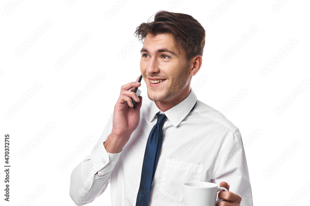 manager a cup of coffee talking on the phone official isolated background manager a cup of coffee talking on the phone official isolated background