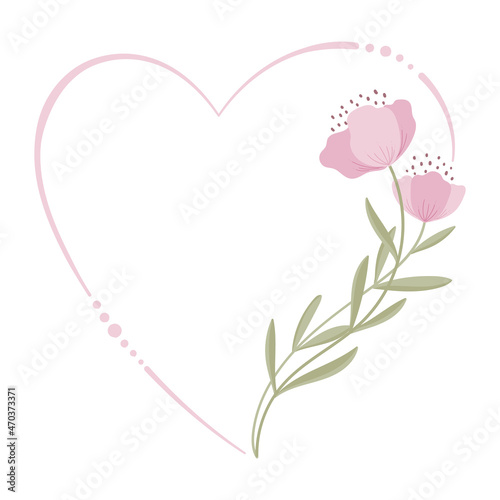 Heart shape frame with pink flowers.