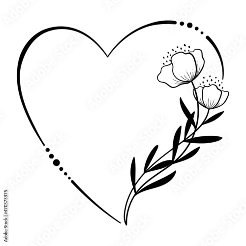 Heart shape frame with hand drawn flowers. Line art, vector illustration.