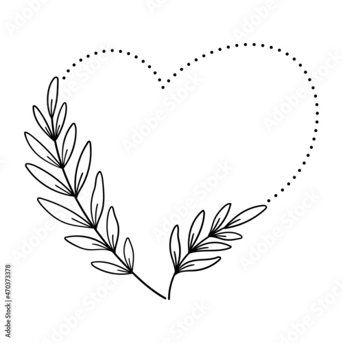 Heart shape frame with hand drawn leaves. Line art, vector illustration.