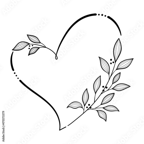 Heart shape frame with hand drawn leaves. Line art, vector illustration.