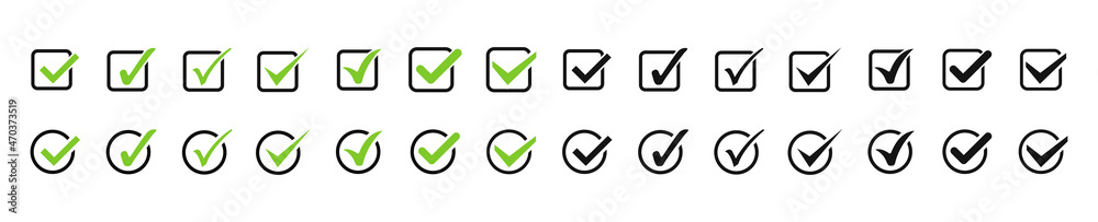 Green check mark and red cross icon set. Circle and square icon. Tick symbol in green color. Check marks symbol collection. Quality sign icon. Checklist symbols. Stock vector. Green check mark and red cross icon set. Circle and square icon. Tick symbol in green color. Check marks symbol collection. Quality sign icon. Checklist symbols. Stock vector.