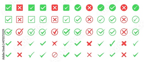 Check mark and red cross icon set. Circle and square. Tick symbol in green color. Check marks symbol collection. Quality sign icon. Checklist symbols. Stock vector.
