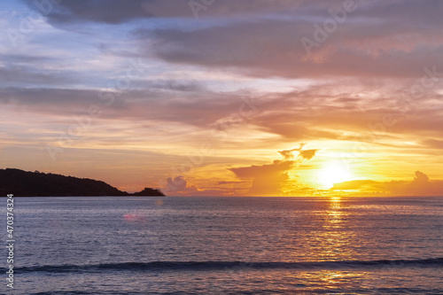 Panoramic View of Patong Beach with the vibrant multi colours of the sunset Phuket Thailand 