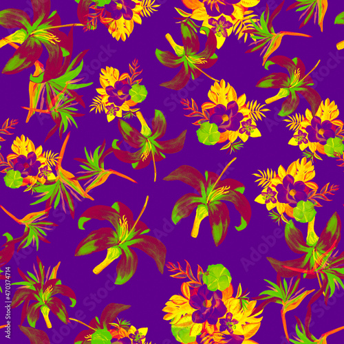 Fototapeta Naklejka Na Ścianę i Meble -  Violet Pattern Vintage. Yellow Seamless Nature. Lavender Tropical Painting. Purple Flower Textile. Plum Decoration Textile. Spring Foliage. Garden Art.