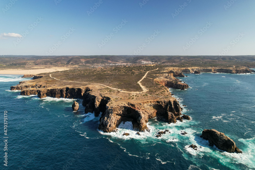 Aerial photography of the famous cliffs of Carrapateira, West Algarve, Portugal