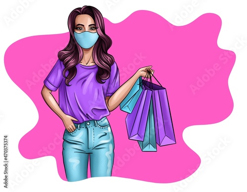 illustration of pretty girl in jeans and t-shirt with face protecting mask holds shopping bags