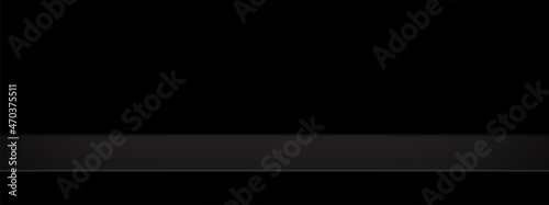 Black background. Studio scene room with for product display, advertising, show. 3d stage. Empty floor table horizontal. Vector illustration.