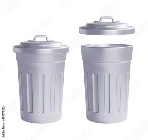 Open and closed metallic street trash bin. Realistic vector illustration.