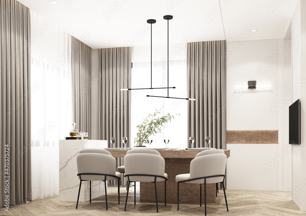 The dining room is decorated in a minimalist style. White wood and marble dining table with a gray cloth dining chair and curtains on the windows and a TV on the wall decorated 3d render The dining room is decorated in a minimalist style. White wood and marble dining table with a gray cloth dining chair and curtains on the windows and a TV on the wall decorated 3d render