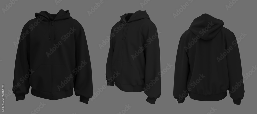 Blank hooded sweatshirt mockup with zipper in front, side and back ...