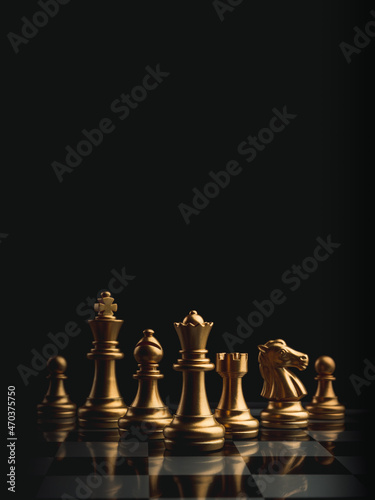 Billede på lærred The set of golden chess pieces element, king, queen rook, bishop, knight, pawn standing on chessboard on dark background, vertical style