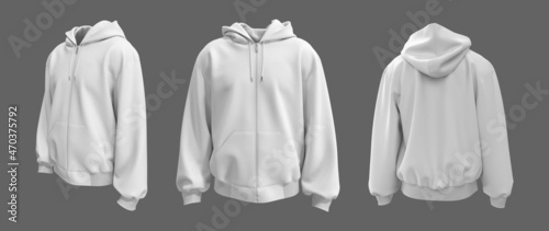 Blank hooded sweatshirt  mockup with zipper in front, side and back views, 3d rendering, 3d illustration