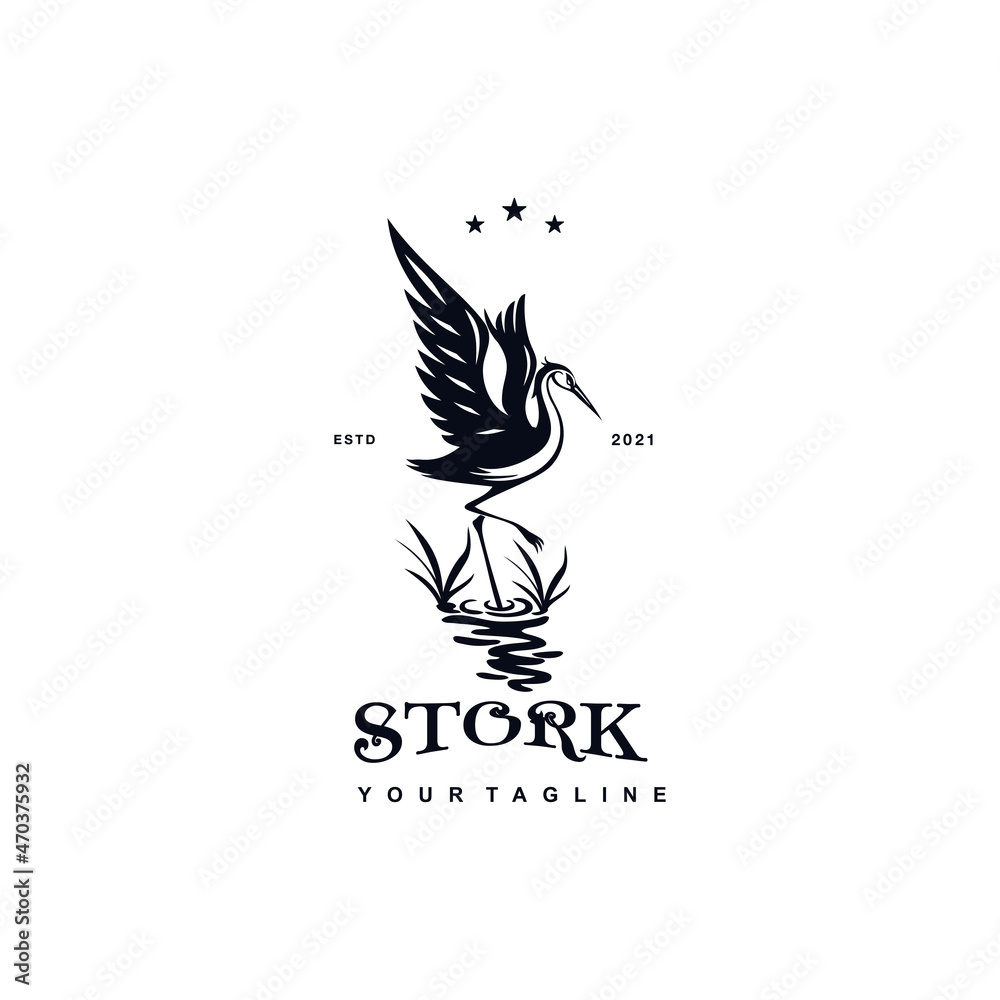 Vintage silhouette Stork logo vector design template inspiration idea
