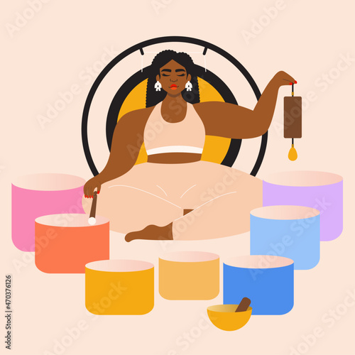 Illustration of woman leading a sound bath with singing bowls