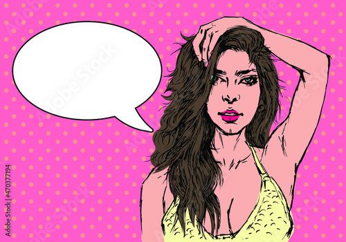 Wow a feminine pop art face. With blue eyes, an open lips, and a speech bubble, sexy young woman is astonished. Bright vector backdrop in the manner of a pop art retro comic. Poster for a party invit