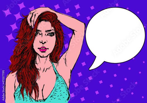 Wow a feminine pop art face. With blue eyes, an open lips, and a speech bubble, sexy young woman is astonished. Bright vector backdrop in the manner of a pop art retro comic. Poster for a party invit