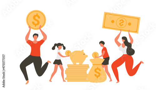 Family holing coins and banknotes savings vector illustration. Family money savings, financial investment budget planning, 