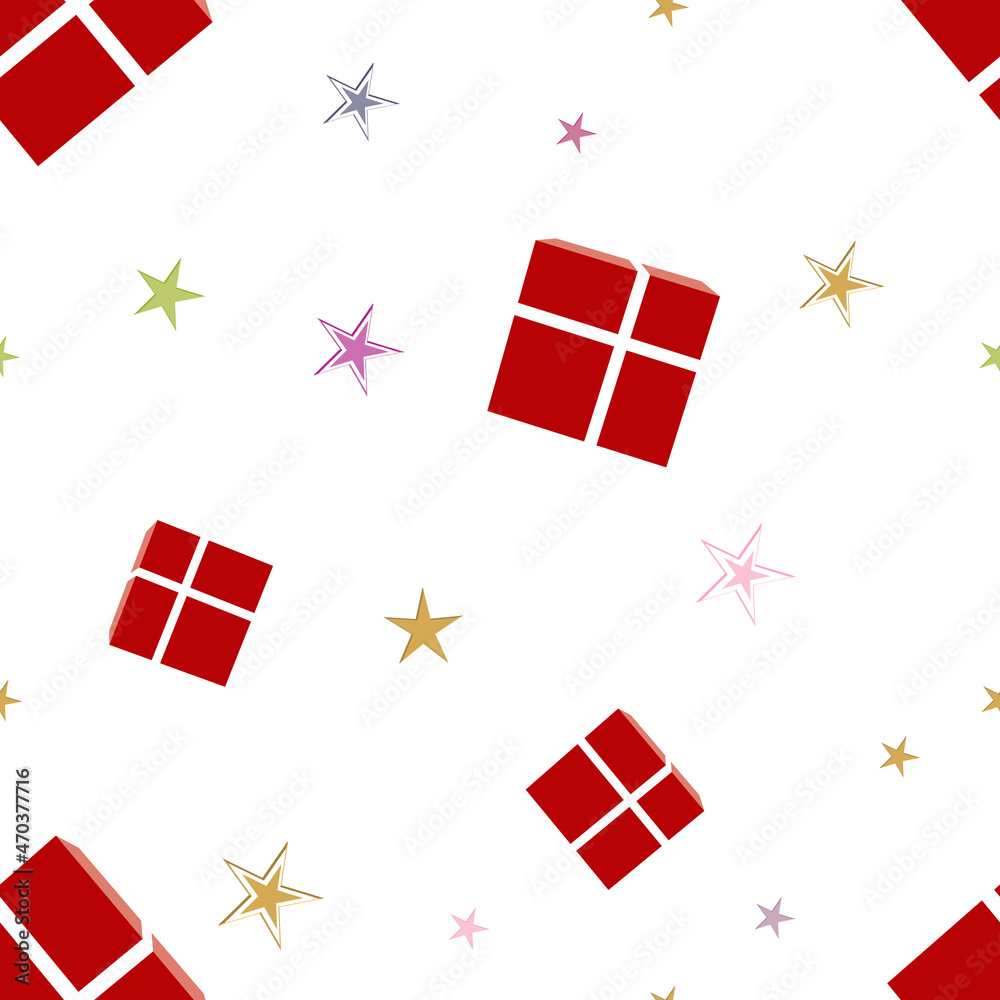 Christmas repeat pattern created with red gift box tied with light color ribbon and stars, Hand drawn vector swatch for textile, gift wrapper, fabric, web backdrop and packaging.