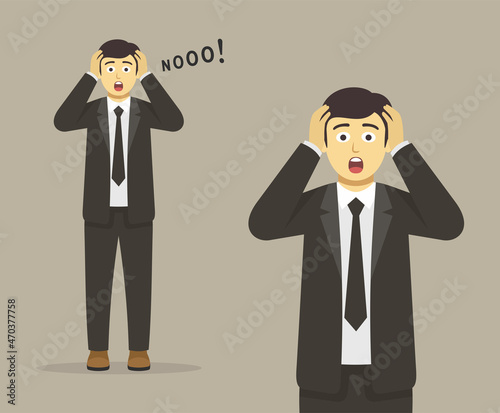 Isolated terrified and shocked businessman or manager holding his head and yelling no. Flat vector illustration template.