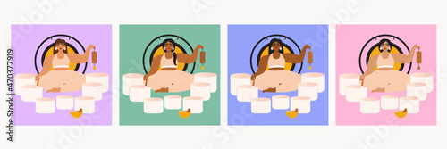 Illustration set of women leading a sound bath with singing bowls