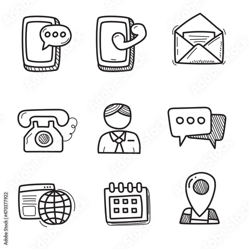 Set of contact icon in doodle drawing style isolated on white background