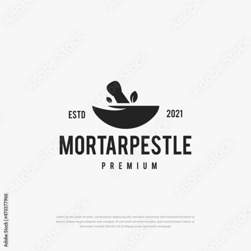 Mortar pestle logo premium hipster leaf bowl vector icon