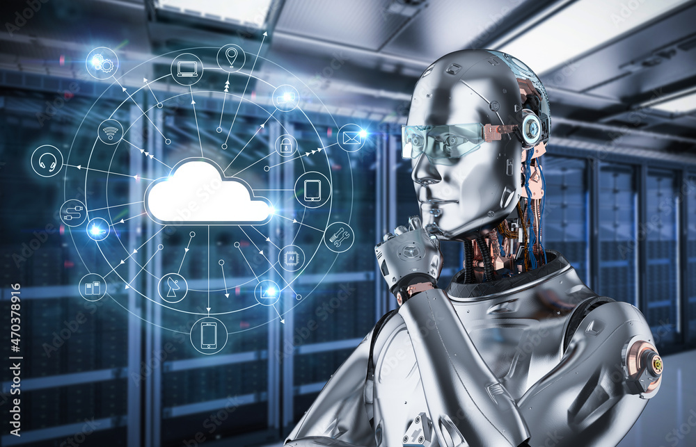Cloud computing technology concept with robot and graphic display Cloud computing technology concept with robot and graphic display