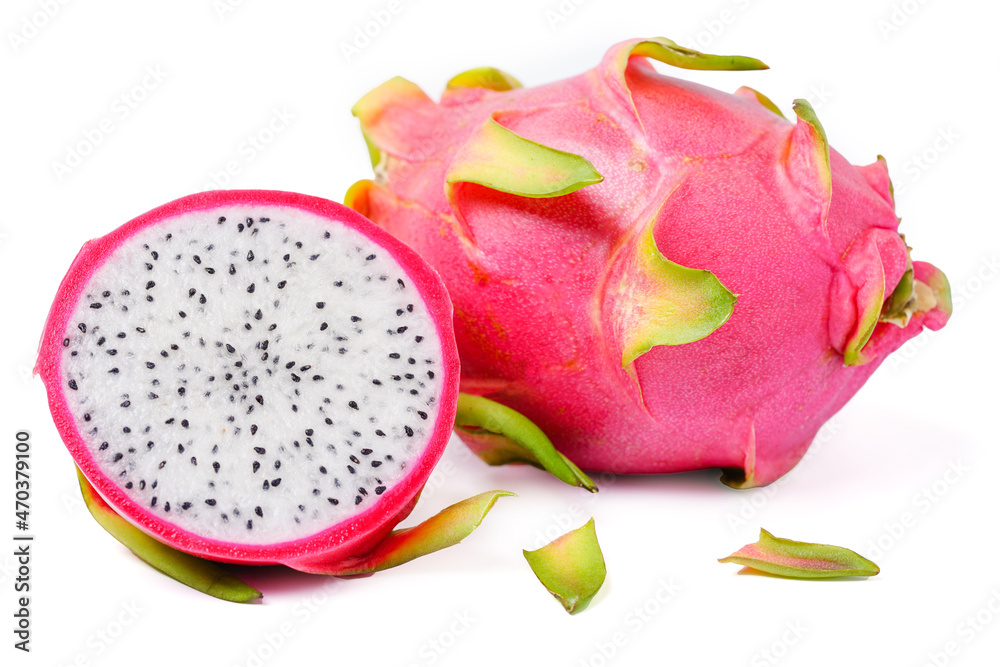 Obraz premium Fresh dragon fruits or pitaya with cut a half on white background.