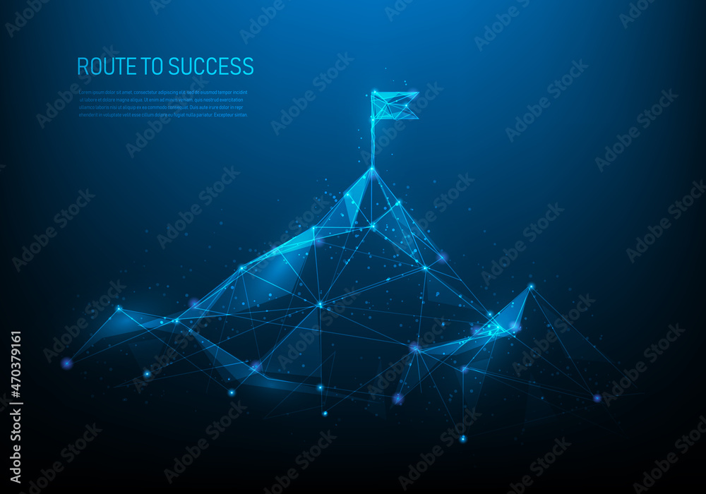 route to success low poly wireframe on blue dark background.Mountain path to the top form lines, dots, and triangles. Investment business ideas to success goal. vector illustration futuristic style. - obrazy, fototapety, plakaty 